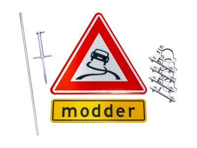 Modderbord set J20 met onderbord 'modder' op stalen opstelmast