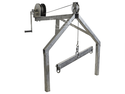 Handlier met frame en 20m staalkabel tbv stortkoker 